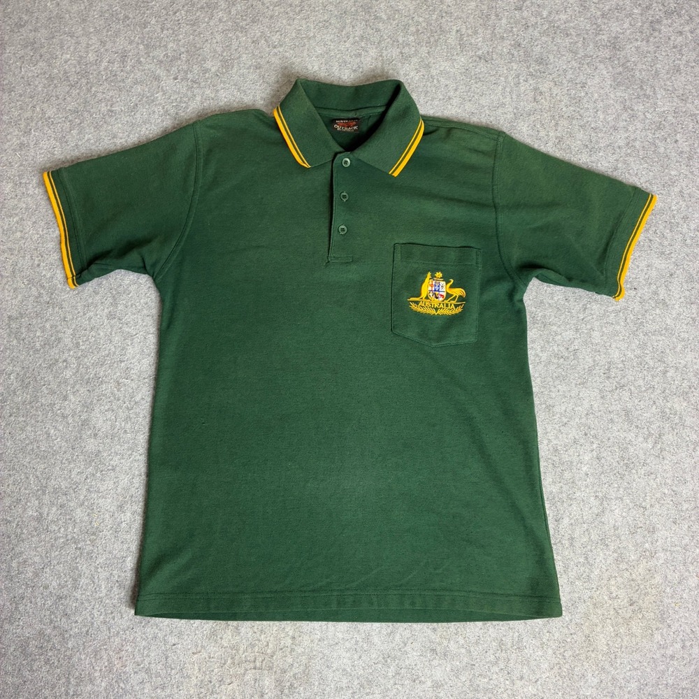 Australian Outback Mens Medium Green Polo Shirt Coat of Arms Embroidered Pocket